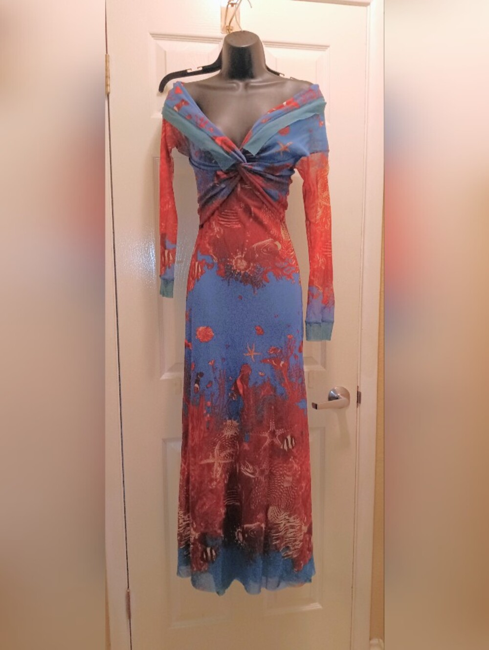 Rare Jean Paul Gaultier Vintage Runway Teal & Rust  Off-Shoulder Mesh Maxi Dress